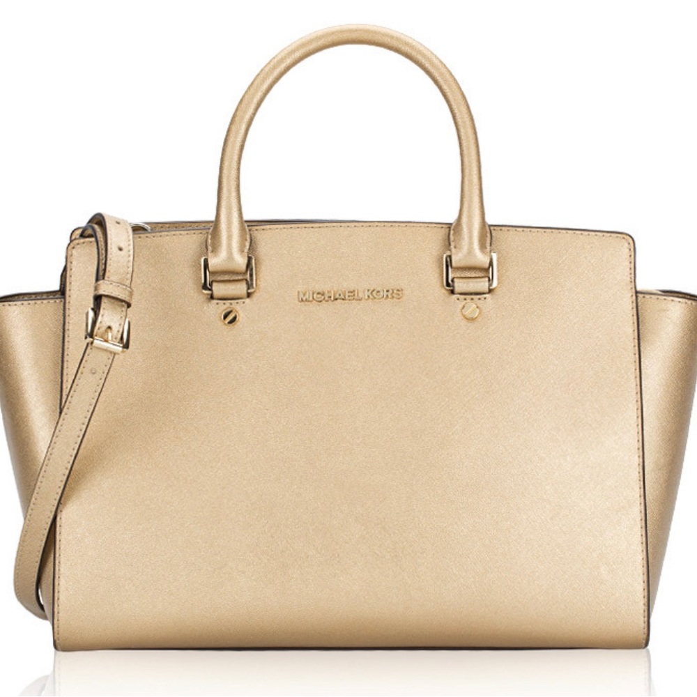 Selma Saffiano Large Top Zip Satchel Pale Gold